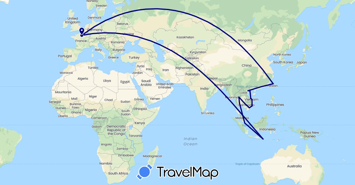 TravelMap itinerary: driving in France, Indonesia, Cambodia, Singapore, Thailand, Taiwan, Vietnam (Asia, Europe)